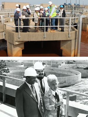 The tradition of regional leaders taking tours of Blue Plains continues. (Top: Current Chesapeake Bay and Water Resources Policy Committee members; Bottom: First DC Mayor Washington Prince George's County Supervisor Francois and Fairfax County Supervisor Pennino in this 1970s photo before Blue Plains opened.