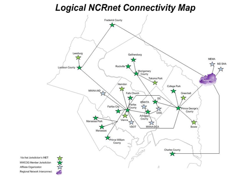 A map depicting the inter-connectivity of emergency communications infrastructure in the National Capital Region.